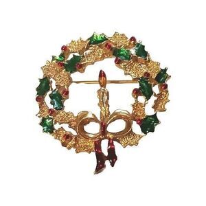 Vintage Gerry's Enamel Christmas Wreath & Candle Pin Brooch Holiday Green Red